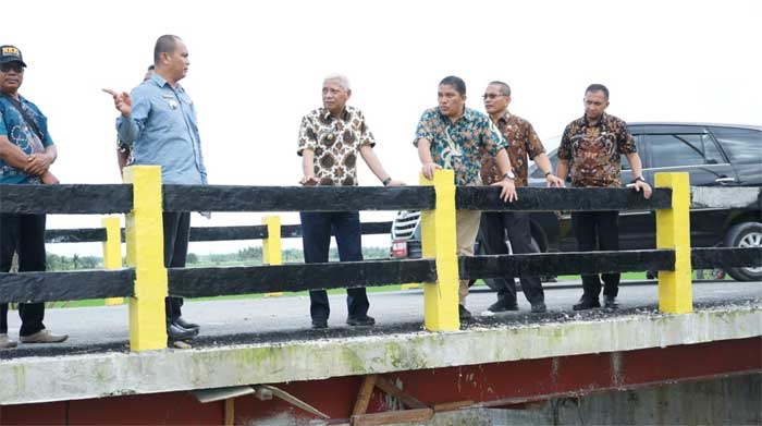 TINJAU JEMBATAN-Bupati Asaha, Surya tinjau jembatan di Kecamatan Rawang Panca Arga, Kamis (26/1/2023). (humas)