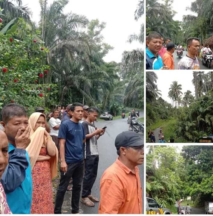 TKP-Warga berkumpul di TKP pembegalan, Minggu (5/2/2023). Pembegalan dialami pensiunan guru, Amril dan kehilangan sepeda motor. (ris)
