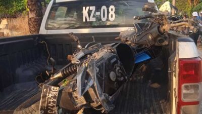 Sepeda motor yang tertabrak kereta di di Dusun IX Desa Firdaus, Kabupaten Serdang Bedagai, Sumatera Utara, Kamis (2/3/3023).