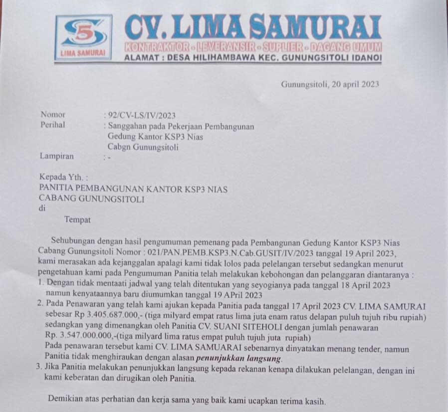Surat sanggahan yang diajukan ke panitia lelang