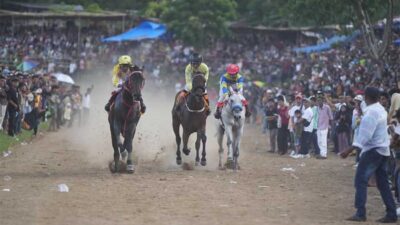 Kuda berpacu dalam alek nagari Pacu Kuda Tanah Datar Wirabraja Open Race dan Tradisional 2023 yang digelar selama dua hari di gelanggang Dang Tuanku Bukit Gombak. (prokopim)