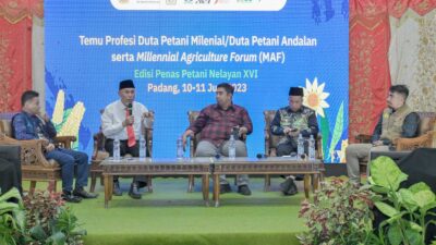 Gubernur Sumbar jadi pembicara dalam temu profesi duta petani milenial dan duta petani andalan serta milennial agriculture forum (MAF) edisi Penas Nelayan XVI di Gedung Bagindo Aziz Chan, Aia Pacah, Padang, Sabtu (10/6/2023). (pemprov)