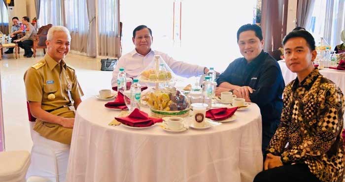 Erick Thohir sarapan bersama Prabowo, Ganjar dan Gibran di Solo. (Biro Pers Sekretariat Presiden)