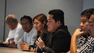 Ketua Umum PSSI, Erick Thohir berikan keterangan pers terkait pembentukan Satgas Antimafia Bola di Jakarta. (pssi)