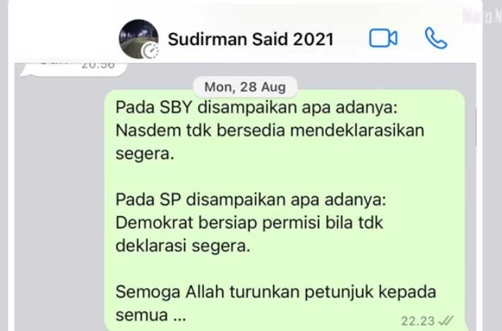 Tangkapan layar WA Anies Baswedan ke Sudirman Said
