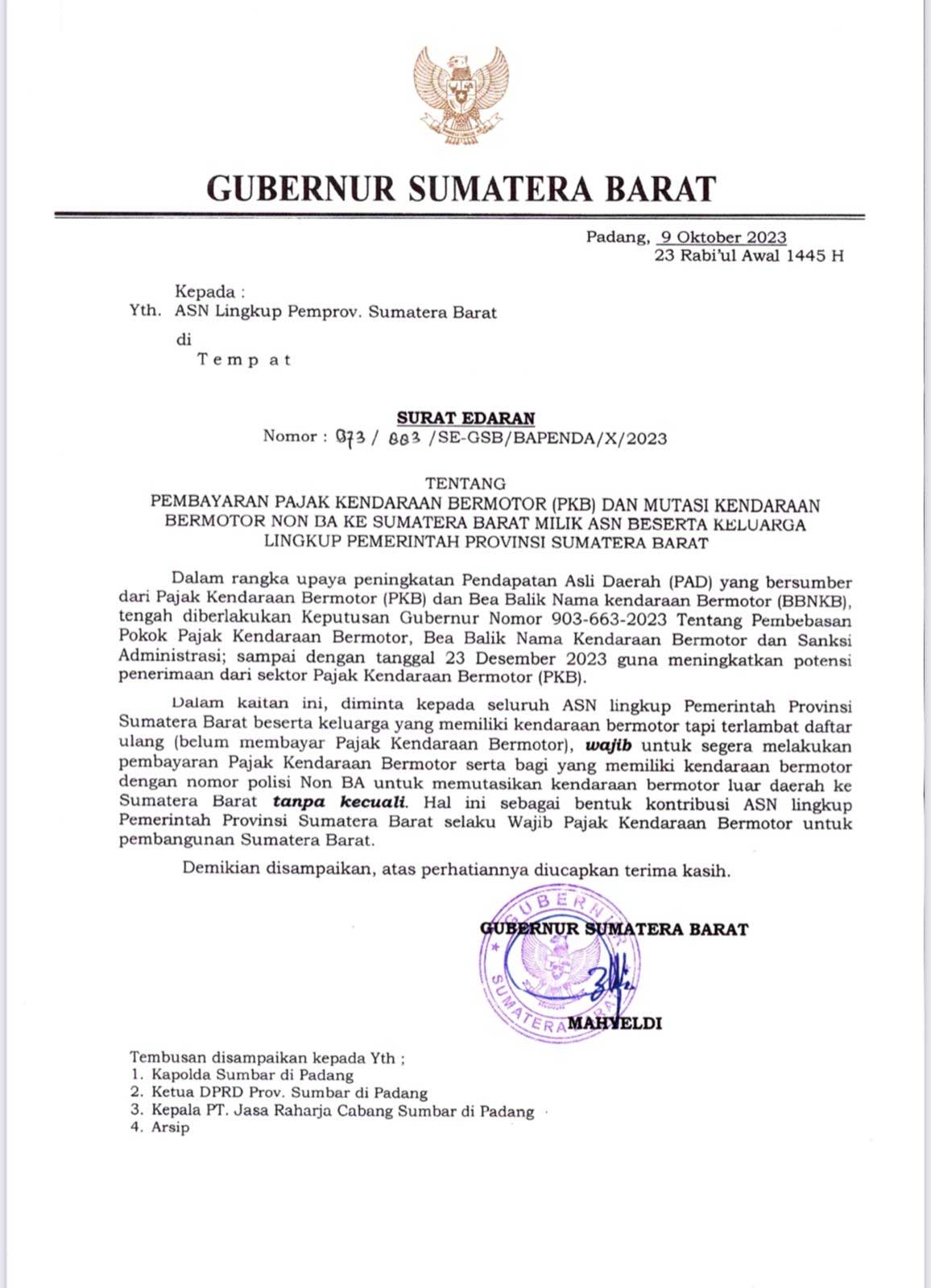 Surat Edaran Gubernur Sumbar