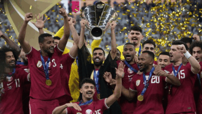 Pemain Qatar berpesta usai jadi juara Piala Asia 2023. (detikcom)