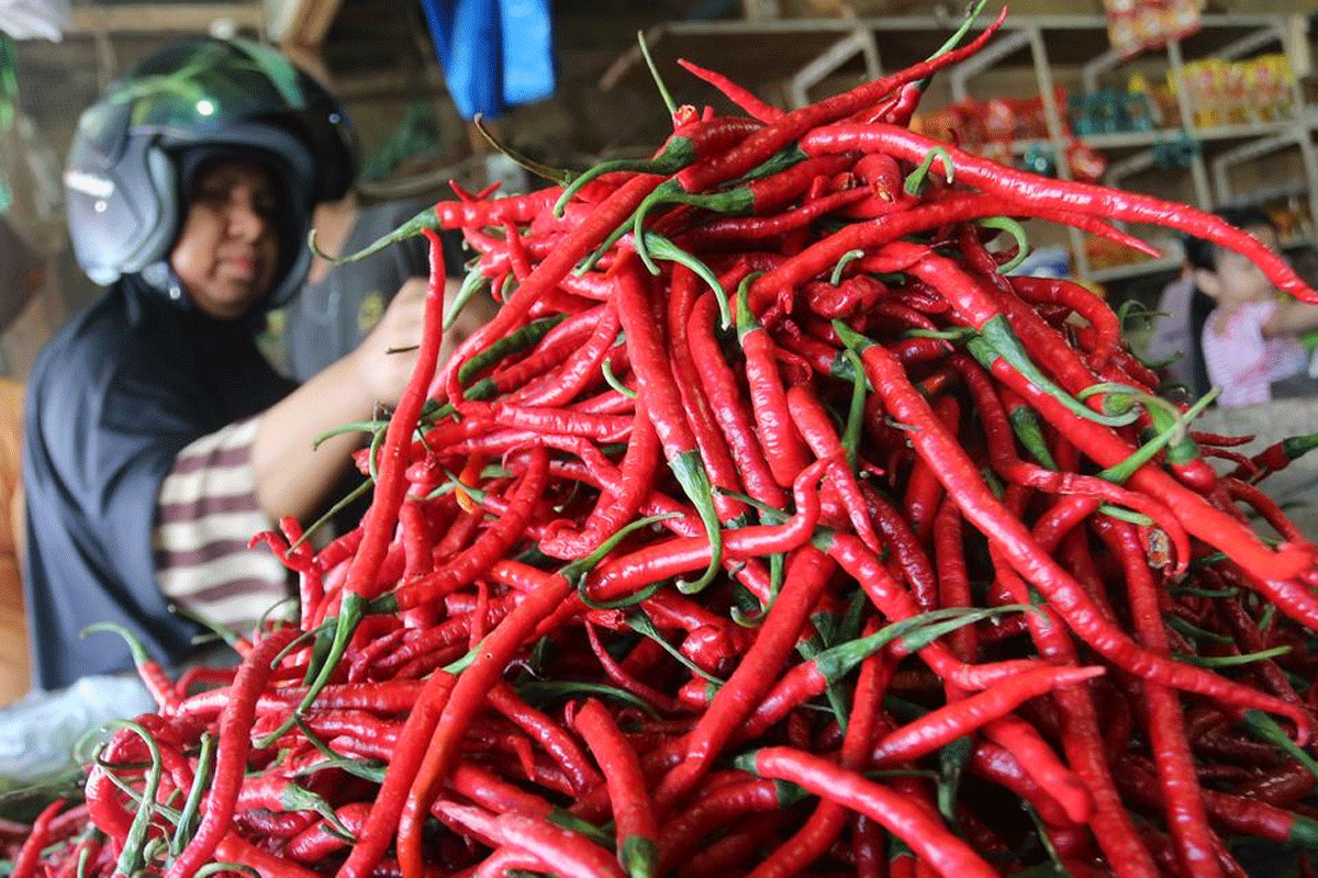 Masyarakat membeli cabai di pasar. (katadata)