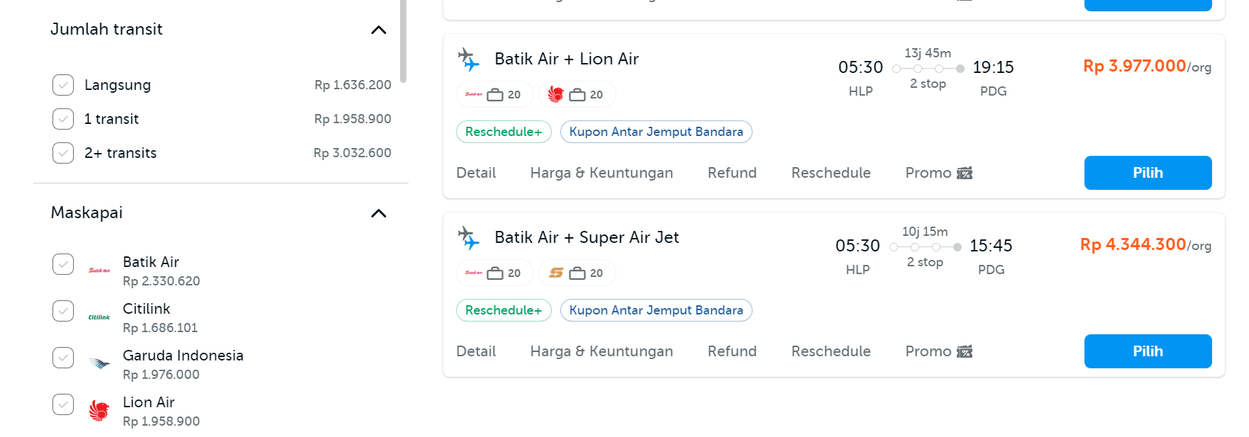 Harga tiket pesawat ke Padang