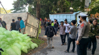 Truk terguling di Kelok 17, Kabupaten Agam. Tak ada korban jiwa dalam laka tunggal itu.