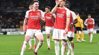 Pemain Arsenal selebrasi usai cetak gol. (detikcom)