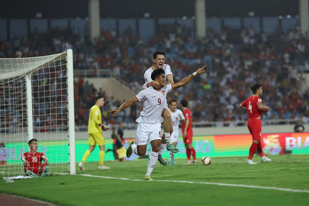 Ramadhan Sananta selebrasi usai cetak gol di laga Vietnam vs Indonesia di matchday 4 Grup F Kualfikasi Piala Dunia 2026 di My Dinh Stadium, Selasa (26/3/2024). (PSSI)