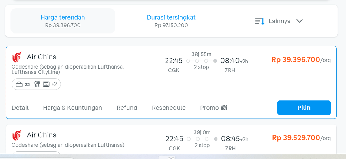 Harga tiket pesawat ke Zurich di aplikasi penjualan tiket pesawat.