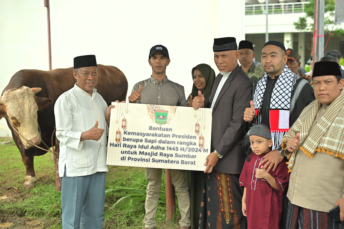 Mahyeldi Ansharullah menyerahkan sapi kurban bantuan Presiden Joko Widodo kepada pengurus Masjid Raya Sumbar, Senin (17/6/2024).