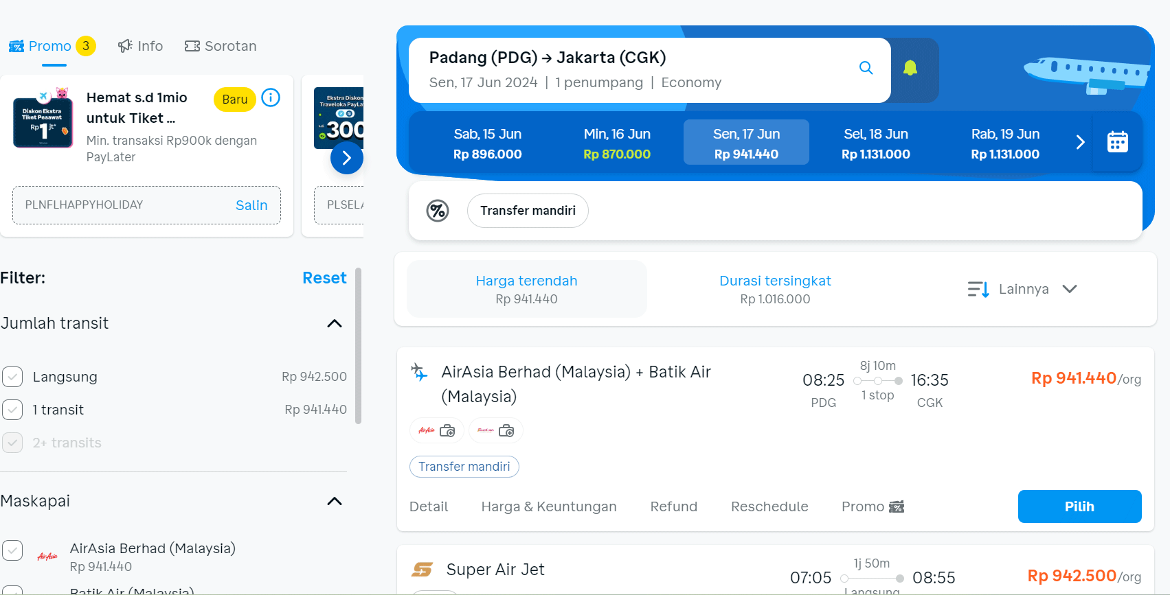 Harga tiket pesawat ke Padang di aplikasi penjualan tiket