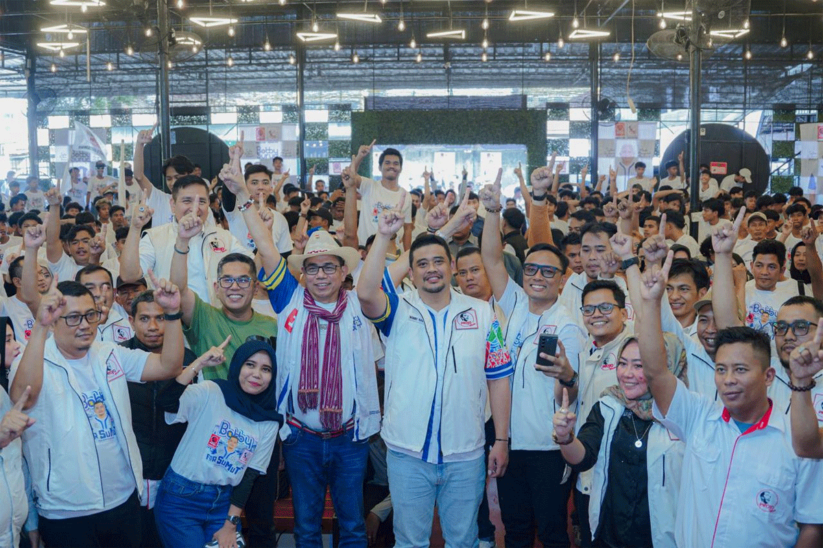 Bobby Nasution hadiri apek akbar Projo Muda Sumut di Majelis Kupie, Jalan Karya Wisata, Kecamatan Medan Johor, Medan, Sabtu (5/10/2024)
