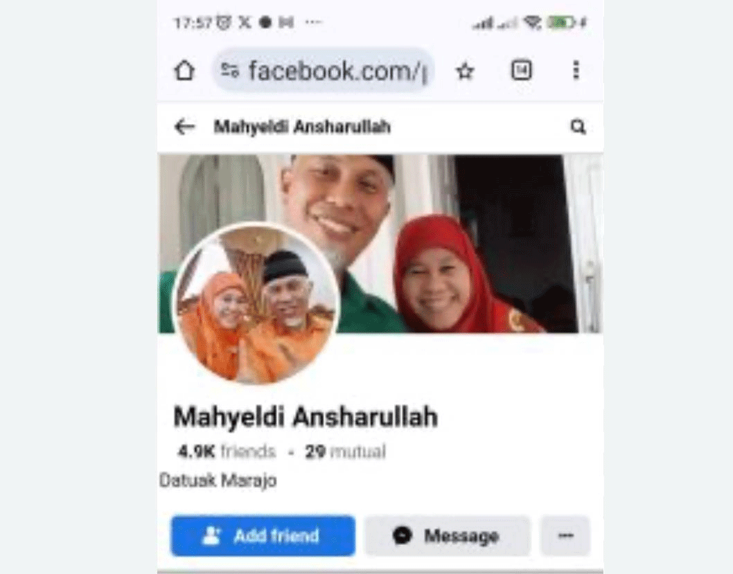 Akun palsu mengatasnamakan Gubernur Mahyeldi.