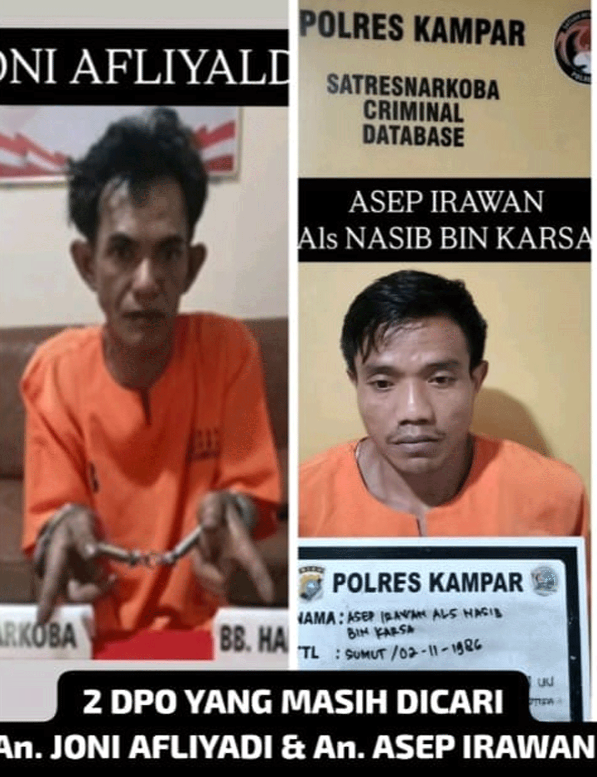Dua tahanan yang masih diburu Polda Riau dan Polres Kampar. (Dokumentasi Polda Riau)
