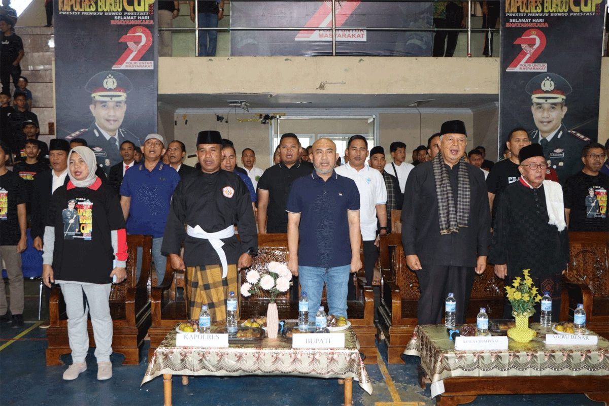 Bupati Dedy Putra hadiri pembukaan Kejuaraan Pencak Silat Kapolres Cup 2025 yang digelar oleh Polres Bungo, Minggu (29/6/2025).