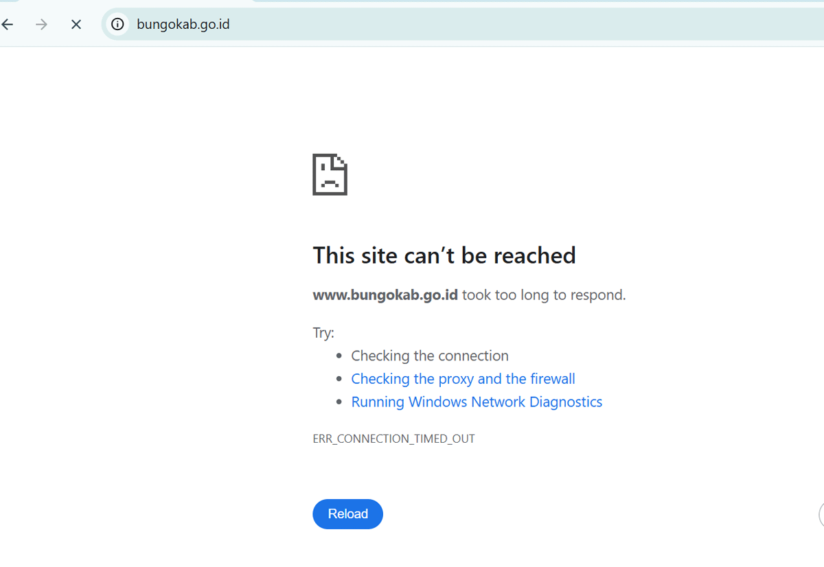 Website resmi Pemerintah Kabupaten Bungo, www.bungokab.go.id beberapa hari belakangan tak bisa diakses.