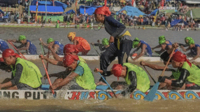 Peserta pacu jalur unjuk kebolehan dengan penampilan terbaik.