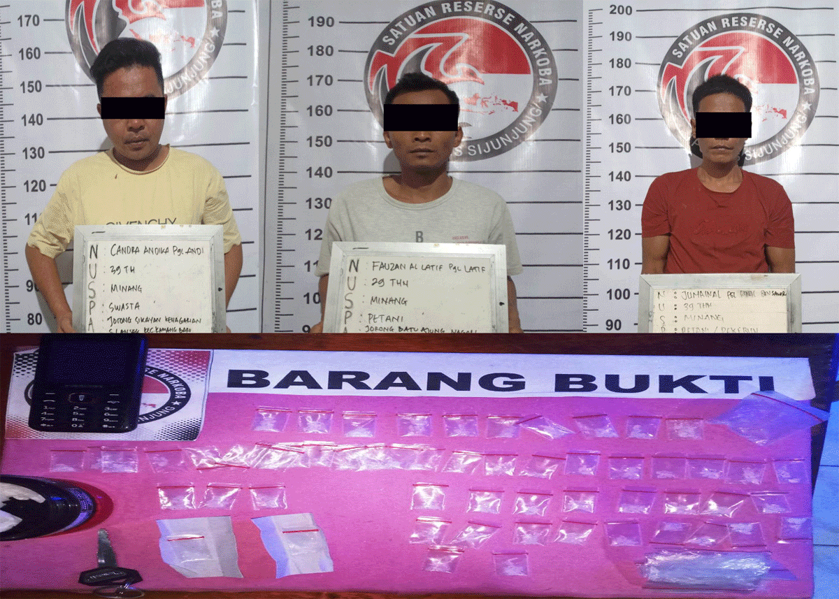 Tiga terduga pelaku dan barang bukti yang diamankan polisi.