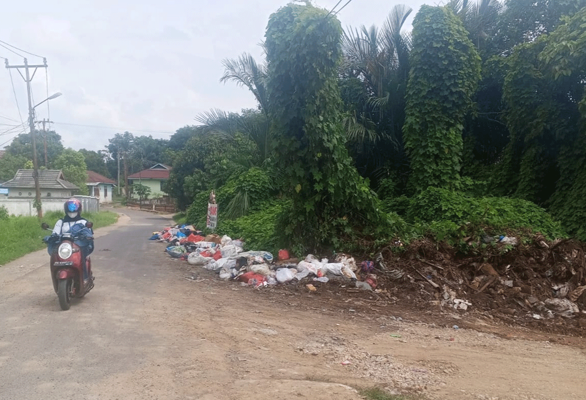 Warga dan pengendara yang melintas di Jalan Mangga, Kecamatan Kuantan Tengah, Kabupaten Kuantan Singingi keluhkan tumpukan sampah di pinggir jalan.