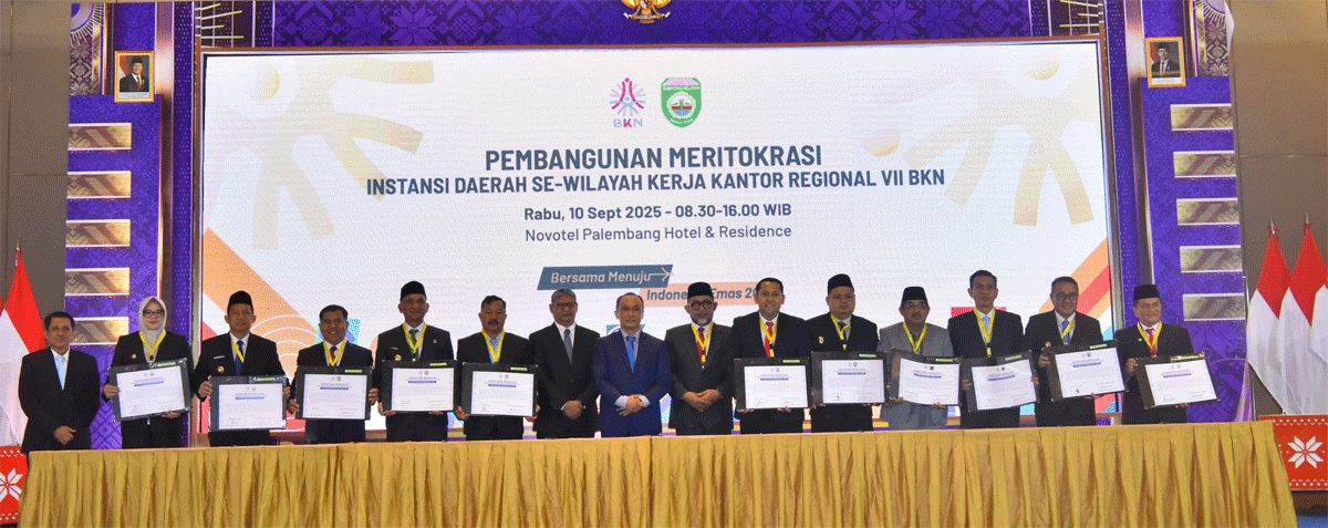 Wakil Bupati Bungo, Tri Wahyu Hidayat menghadiri kegiatan pembangunan meritokrasi instansi daerah se-wilayah kerja Kantor Regional VII Badan Kepegawaian Negara (BKN), Rabu (10/09/2025) di Novotel Palembang Hotel & Residence. (bungokab.go.id)