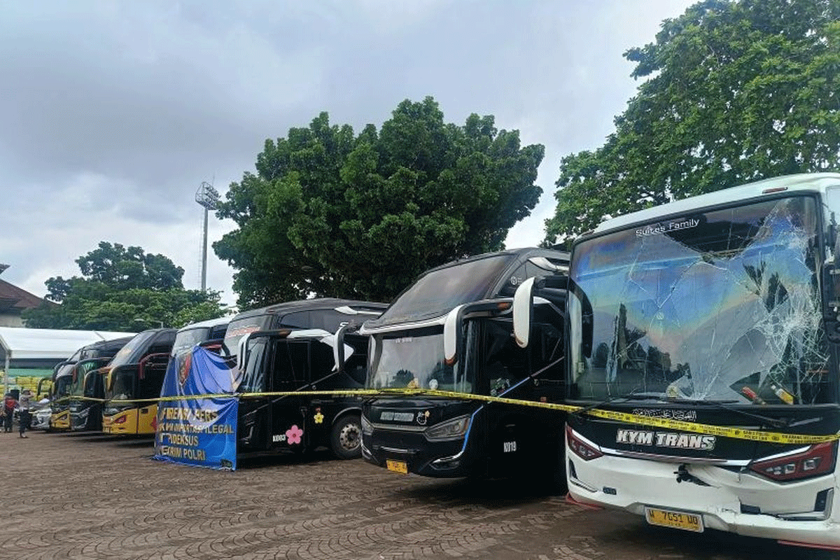 Bareskrim Polri memamerkan tujuh unit bus hasil tindak pidana pencucian uang (TPPU) importasi pakaian bekas jaringan Korsel-Bali di Denpasar, Bali, Senin (15/12/2025).(Kompas.com)