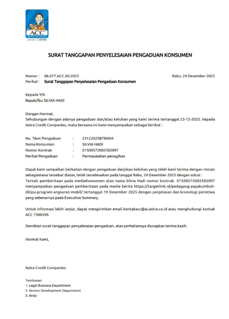 Korban Tolak Penyelesaian Sepihak ACC, Nilai Klarifikasi ke Media Tidak Menjawab Substansi Pengaduan 1 lesing