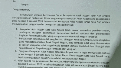 KAN Koto Nan Ampek Tegaskan Pertemuan Akbar 9 Januari 2026 Tidak Sah Secara Adat