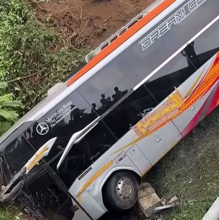 Bus Miyor jurusan Padang-Jambi yang alami kecelakaan di Tebo. (foto diambil dari facebook)