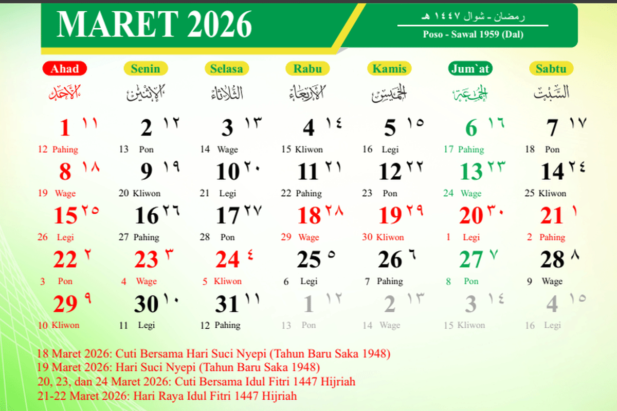 Kalender Maret 2026