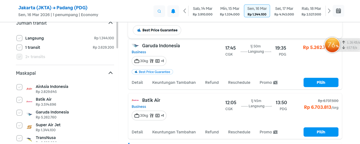 Pantauan harga tiket pesawat Jakarta-Padang.