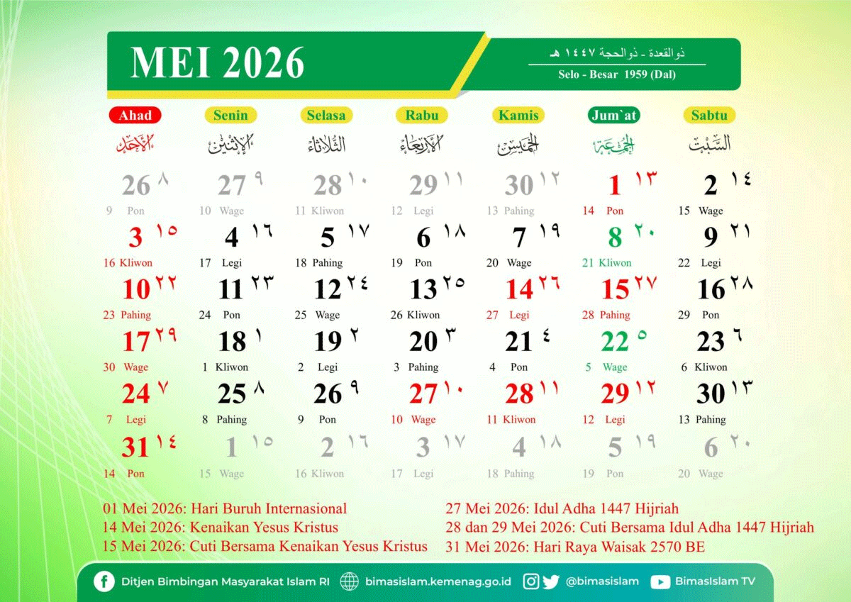 Long Weekend Mulai Besok, Ini Kalender Mei 2026 yang Full Tanggal Merah 1 Kalender bulan Mei 2026