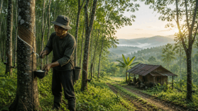 Harga Karet di Kuansing Kembali Ambles, Petani Menjerit: Dapur Tak Berasap Jika Sehari Tak Menyadap 9 Ilustrasi penyadap karet. (Konten AI)