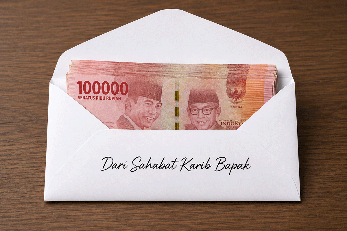 Amplop Putih Kalau Diisi Uang Terlalu Banyak Bisa Kuyak, Malotuih Bisa Pulo 1 Ilustrasi. (Konten AI)