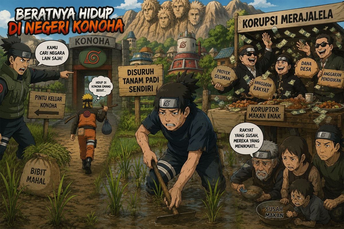 Malangnya Hidup di Konoha, Bilang Beras Mahal Disuruh Tanam Sendiri, Bilang Masa Depan Negara Suram Disuruh Kabur 1 Ilustrasi. (Konten AI)