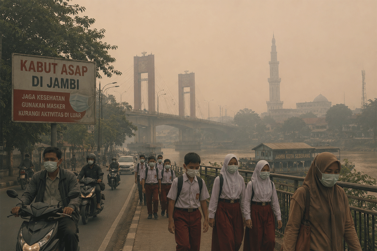 Ilustrasi kabut asap di Jambi. (Konten AI)