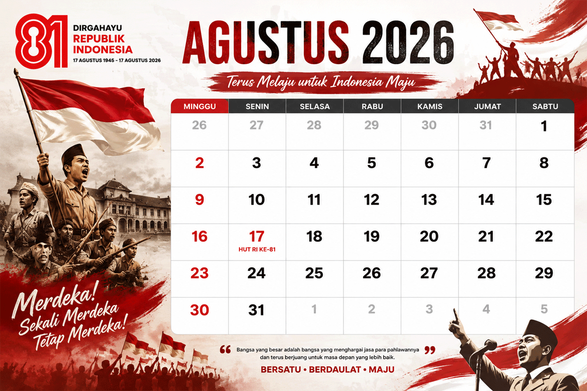 Ini Kalender Agustus 2026, Apakah Tanggal 18 Cuti Bersama? 1 Kalender Agustus 2026. (Konten AI)