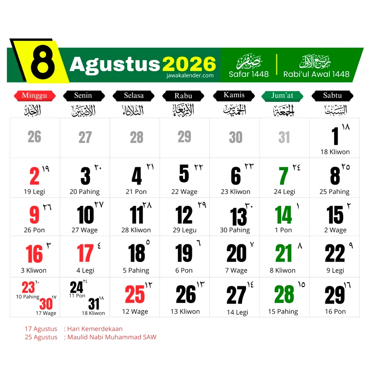 Kalender Agustus 2026