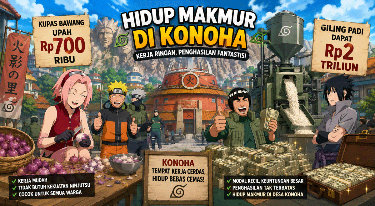 Hidup Makmur di Konoha, Giling Padi Cuan Rp2 Triliun, Kupas Bawang Dapat Upah Rp700 Ribu 1 Ilustrasi. (Konten AI)