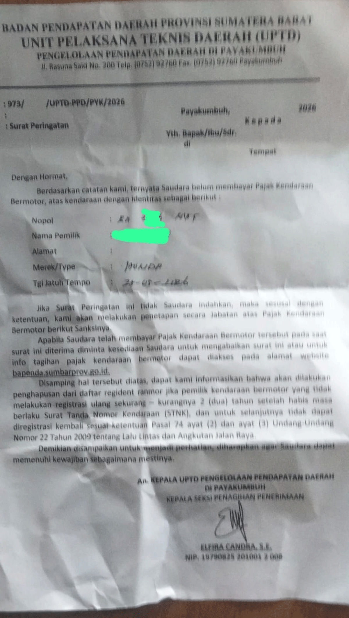 Surat pajak yang ditemukan di motor warga