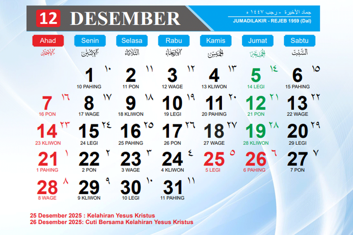 Mau Ambil Cuti Tahunan, Simak Dulu Kalender Desember 2026, Pilih Waktu Terbaik 1 Kalender Desember 2026. (Kemenag)