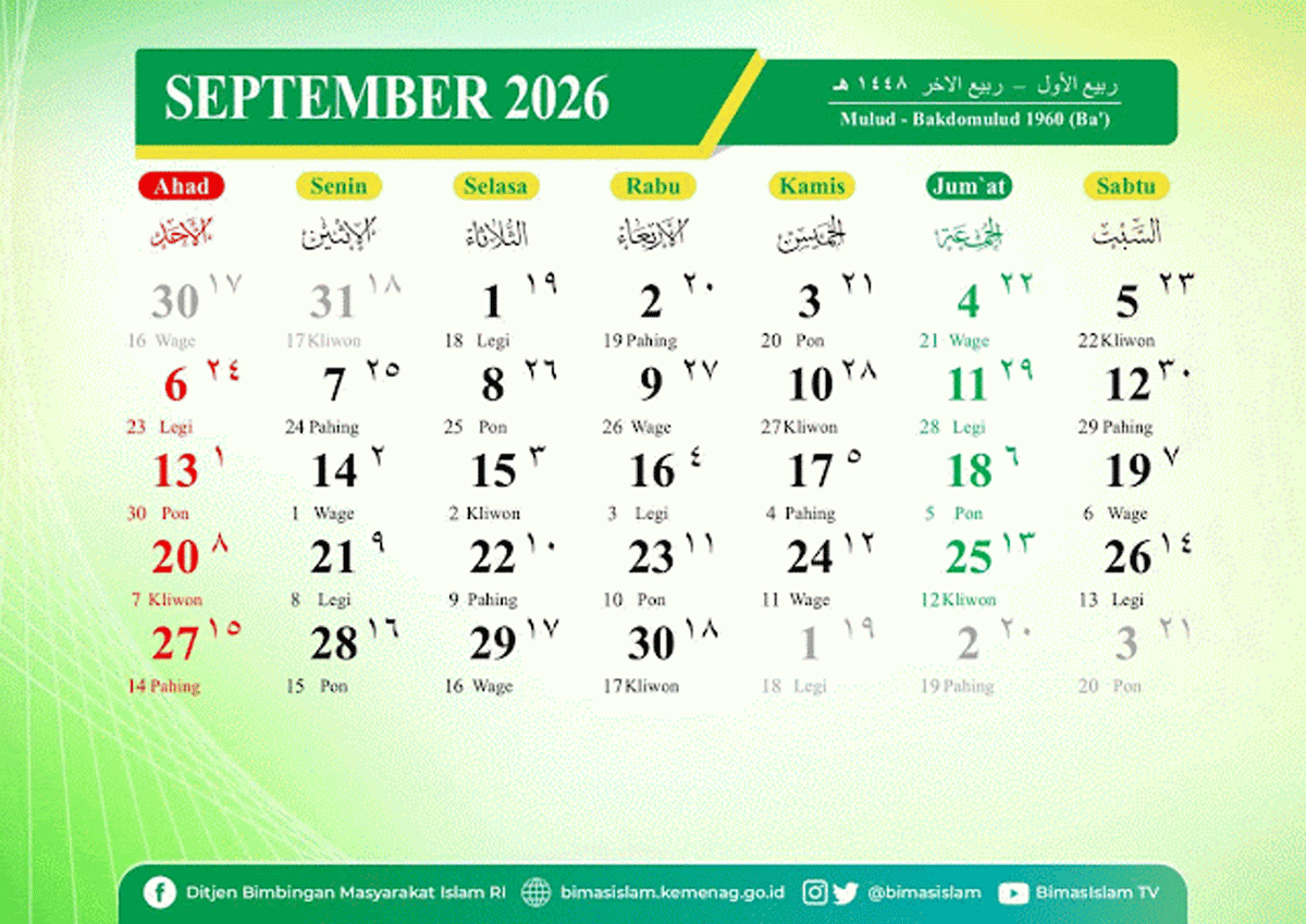 Ini Kalender September 2026, Hari Ini Tanggal 1, Cek Rekeningmu, Sudah Berderingkah? 1 Kalender bulan September 2026. (Kemenag)